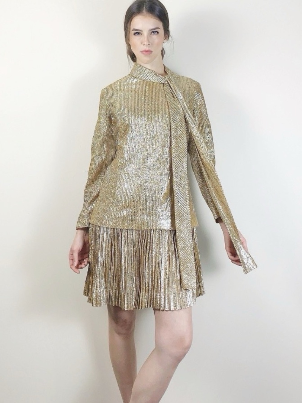 Vintage 60s Gold Metallic Mini Dress with Tie Neck